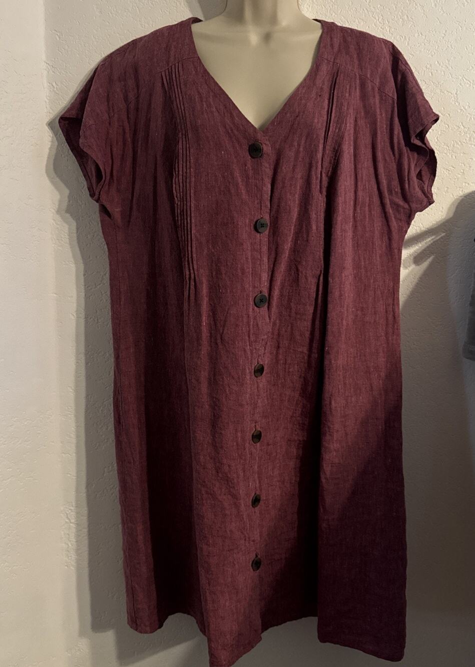 J. Jill Love Linen Raspberry V-Neck Short Sleeve Pintuck Linen Shirt Dress XL